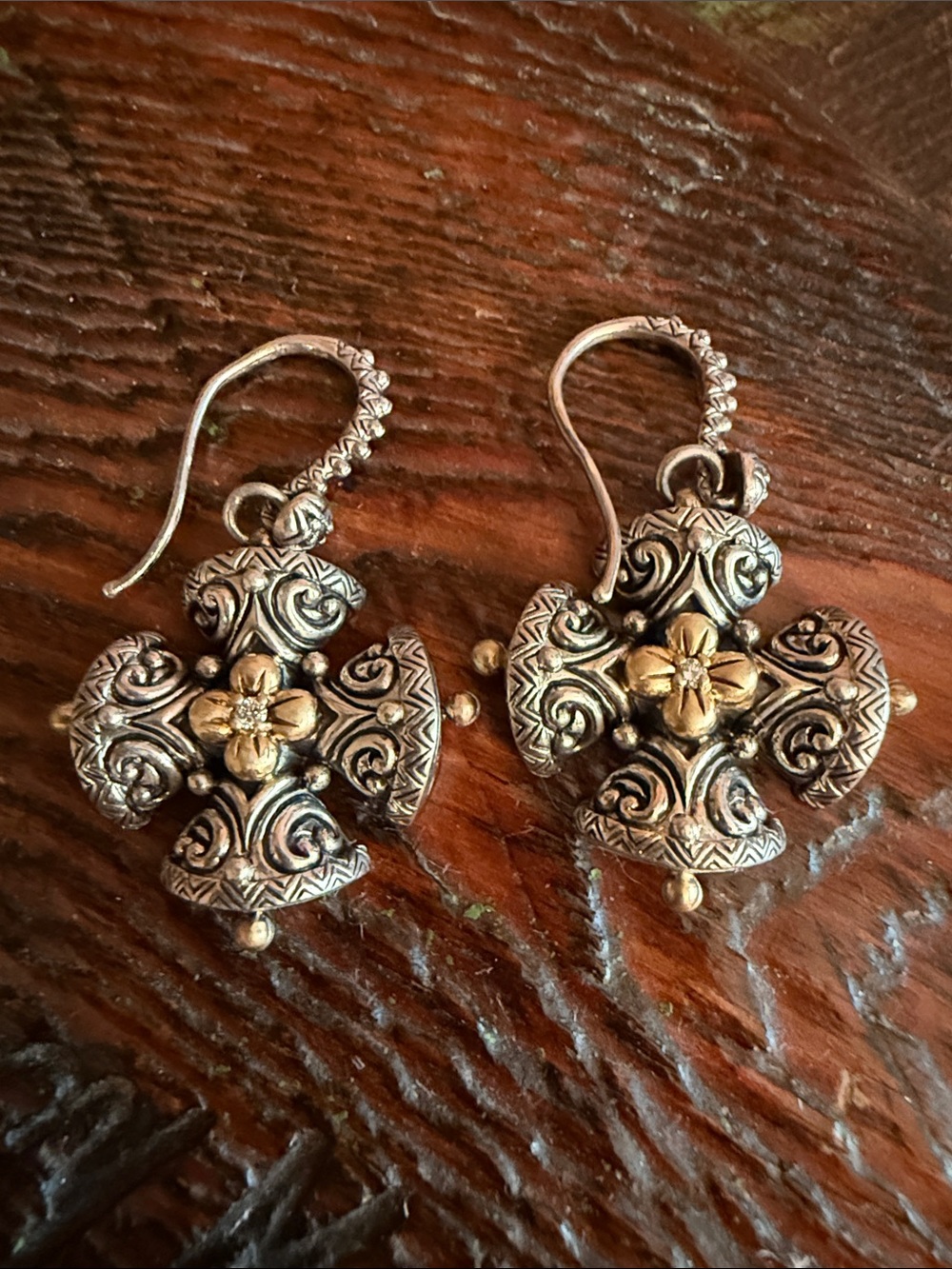 Barbara Bixby Antique-Style Two-Tone Filigree Cross Drop Earrings Silver & Gold - Picture 3 of 3